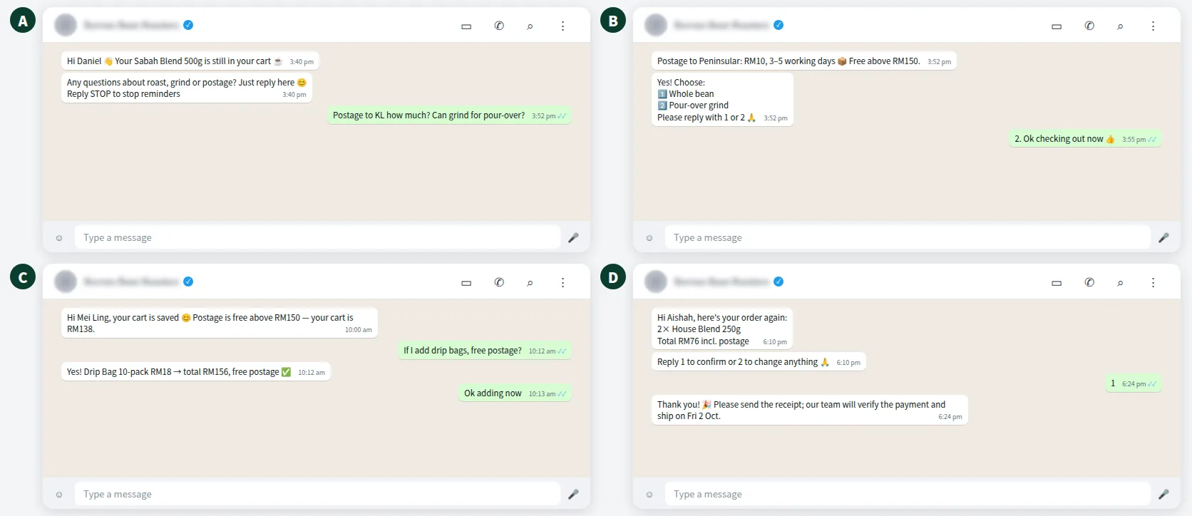 Example abandoned cart WhatsApp conversation for a Malaysian coffee bean online store