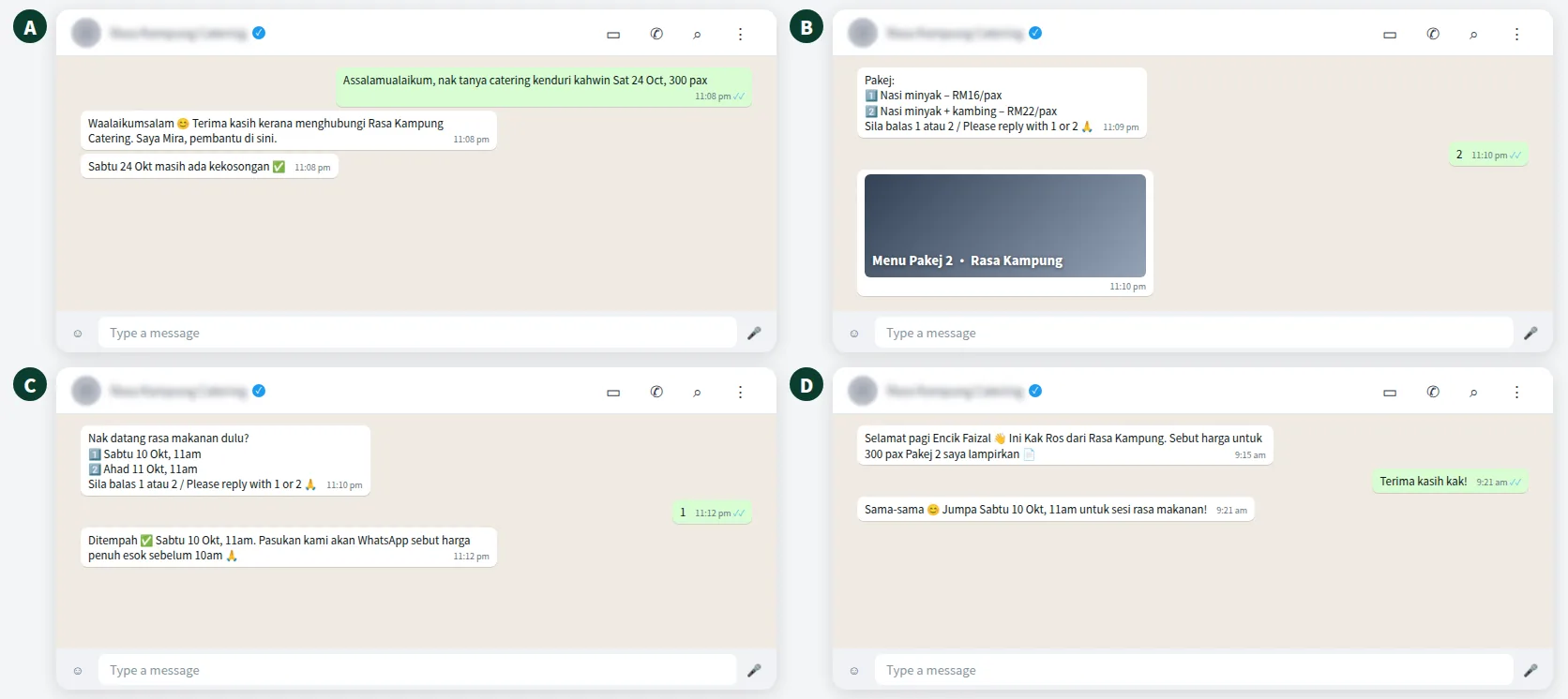Example after hours WhatsApp auto reply for a catering business in Kota Bharu
