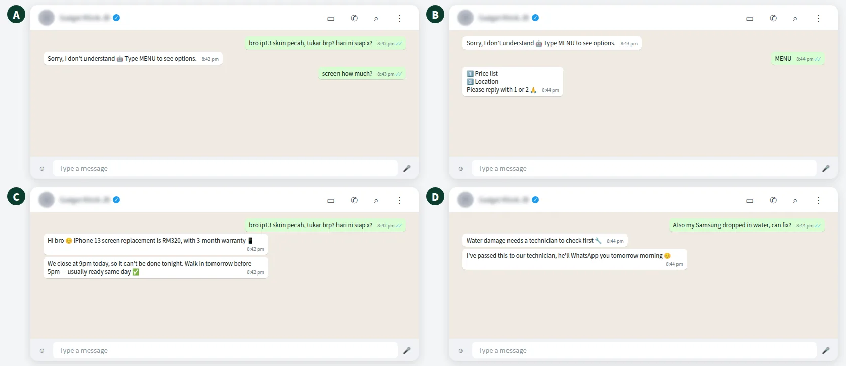 AI chatbot vs keyword chatbot: the same Bahasa Rojak message answered by a keyword bot and an AI bot