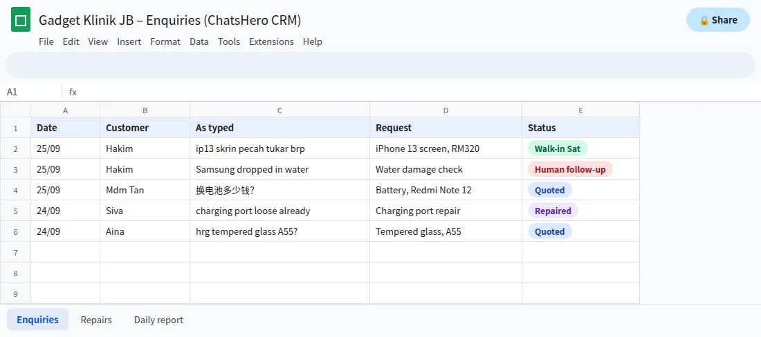 Google Sheets list of WhatsApp enquiries recorded by an AI chatbot with varied customer phrasings