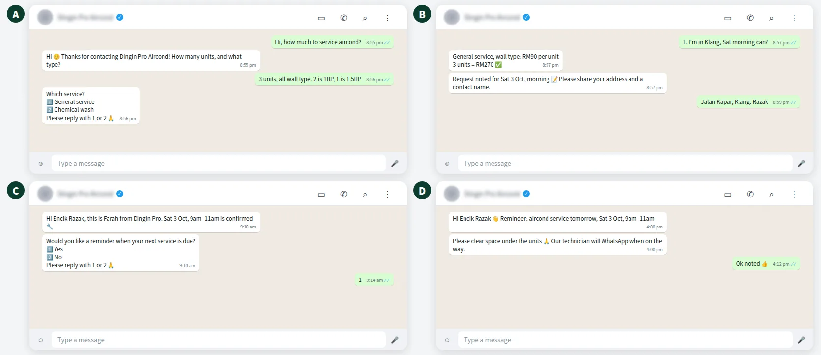 Example aircond service booking WhatsApp chat with unit details, price, confirmation and reminder