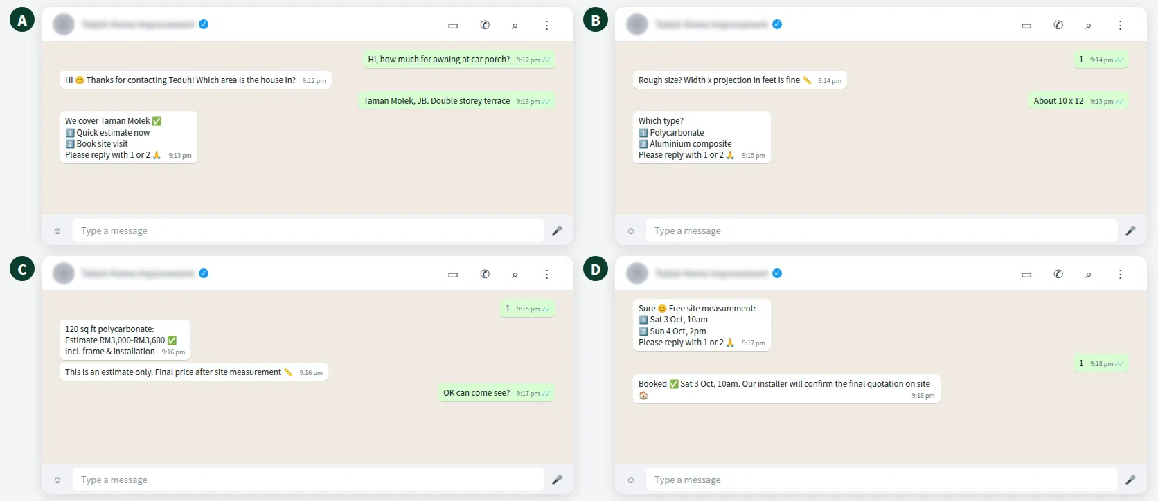 Example WhatsApp chat of an awning quotation calculator giving an estimate range and booking site measurement