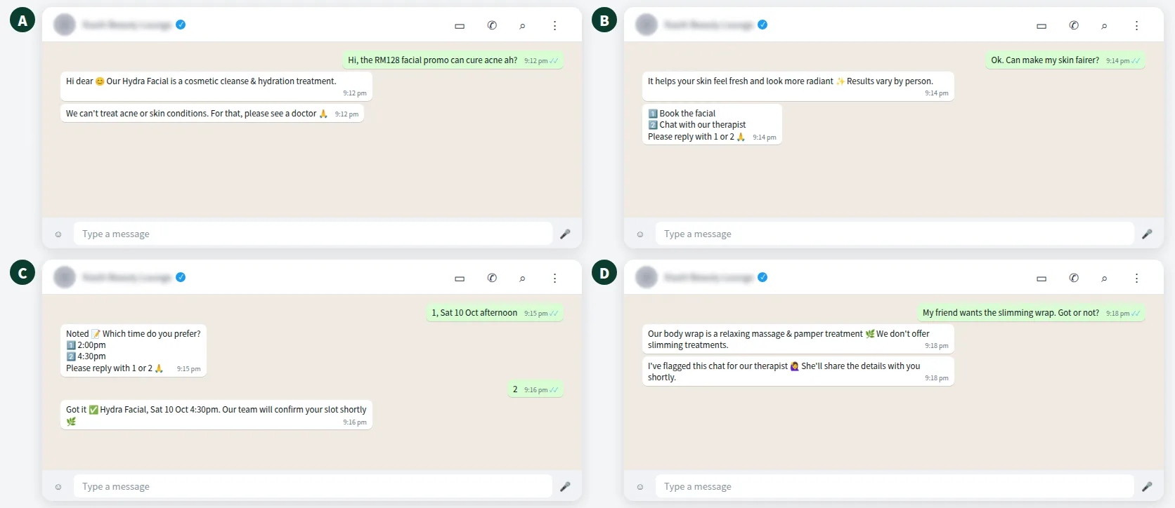 Example WhatsApp chat where a beauty salon chatbot avoids medical claims and hands over to a therapist