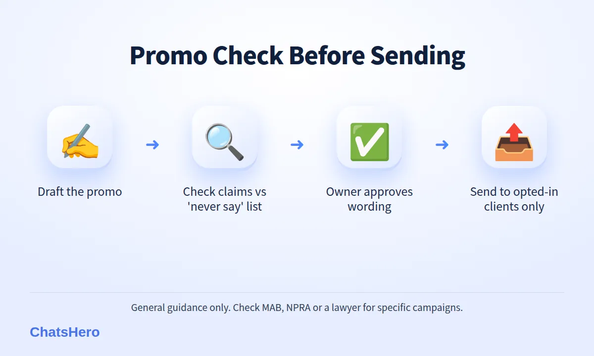 Four-step process to check a WhatsApp beauty promo against Malaysian advertising rules before sending