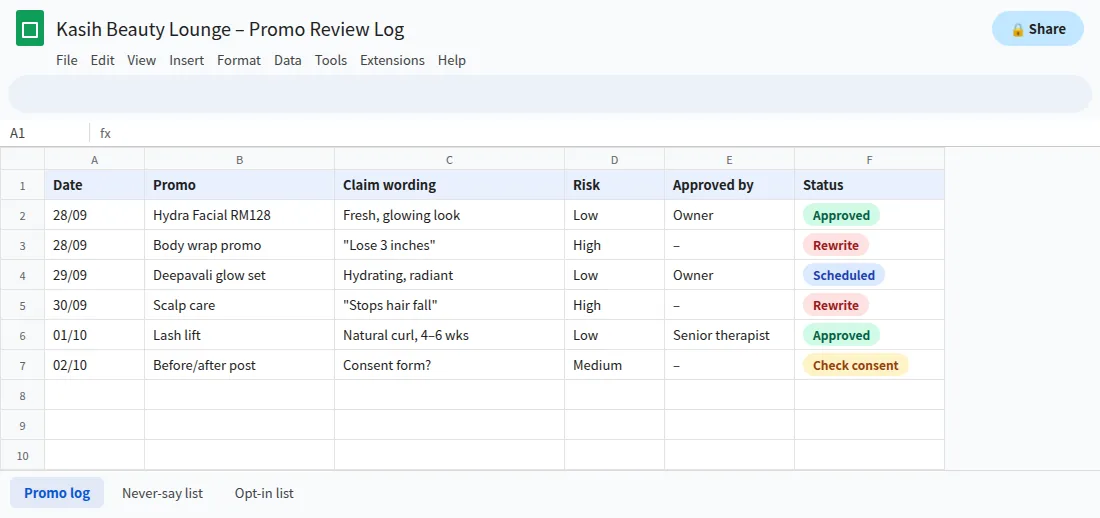 Google Sheets promo log checking beauty advertising rules in Malaysia before each WhatsApp broadcast
