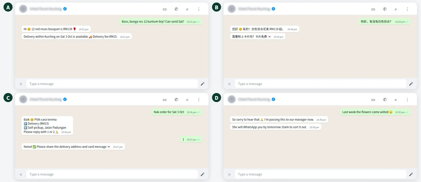 Test chat for evaluating a WhatsApp chatbot with Bahasa Rojak, Chinese and a human handover