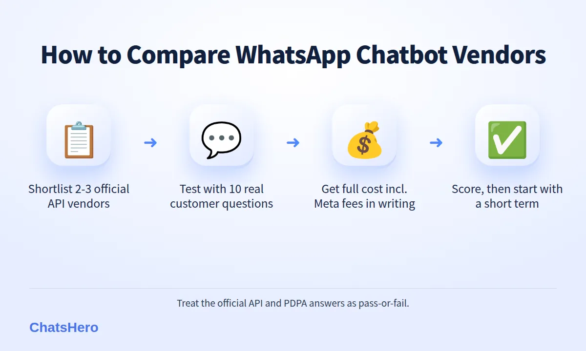 Four-step process to choose the best WhatsApp chatbot in Malaysia: shortlist, test, cost, decide