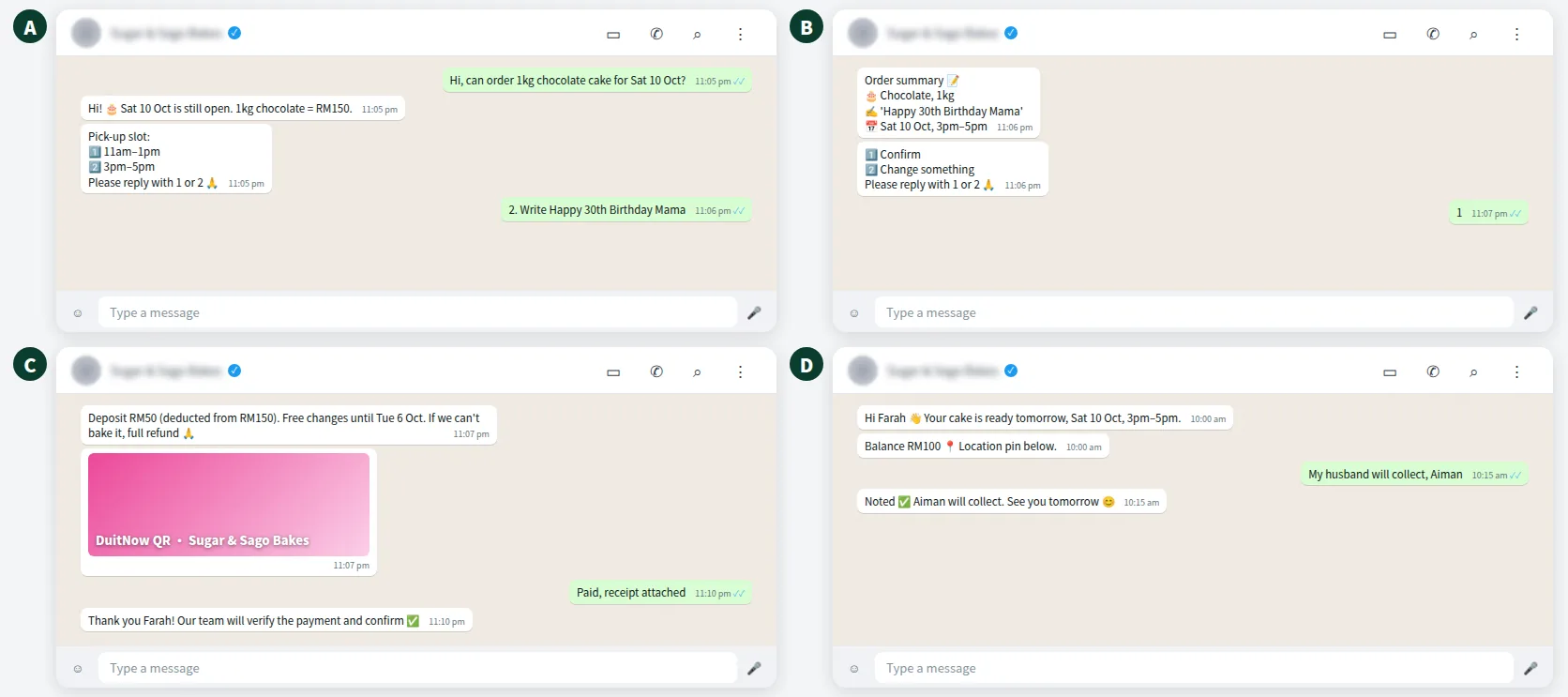 Example WhatsApp conversation for a cake order with order summary, deposit and pick-up reminder