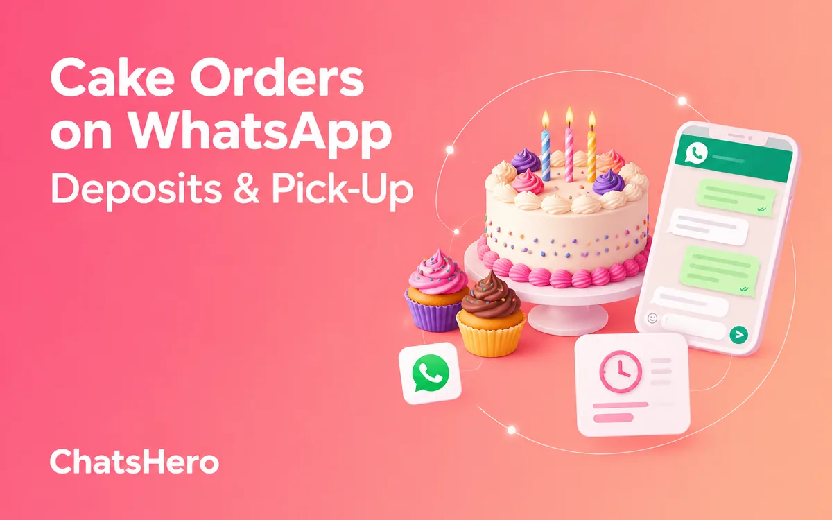 Cake order on WhatsApp with deposit and pick-up time for a home baker – ChatsHero