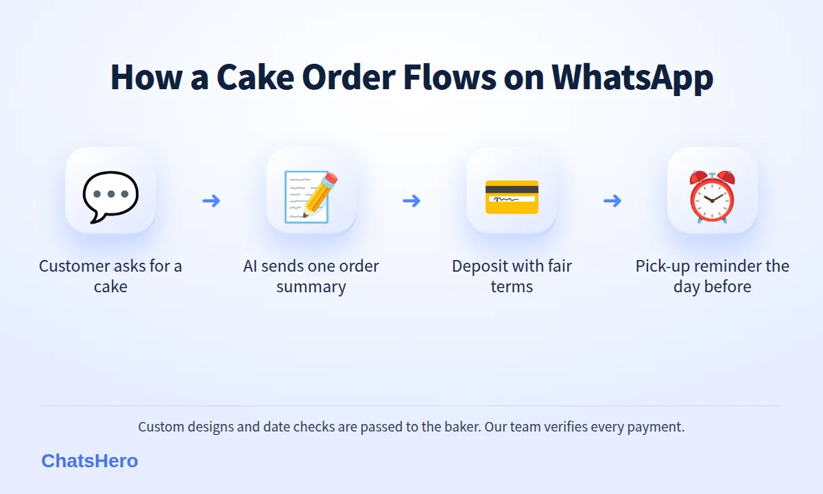 Four-step cake order WhatsApp flow: enquiry, order summary, deposit, pick-up reminder