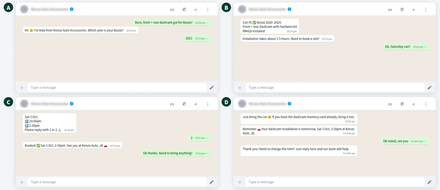 Example WhatsApp chat where a car accessories chatbot checks the car year, quotes a dashcam with hardwire kit and books installation