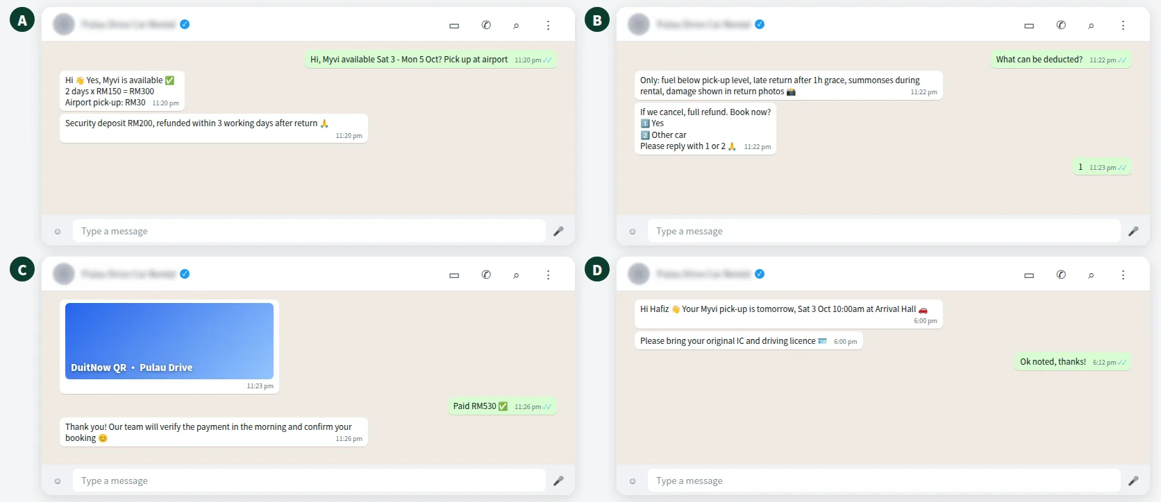 Example car rental WhatsApp booking conversation with quote, deposit terms, payment verification and pick-up reminder