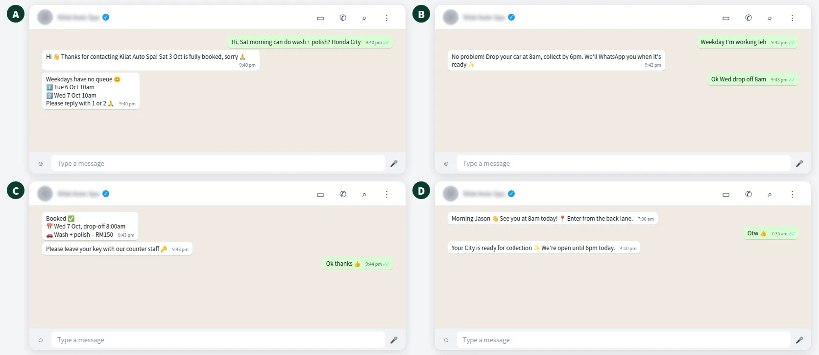 Example car wash booking WhatsApp conversation moving a Saturday enquiry to a weekday drop-off slot