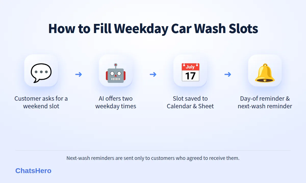 Four-step car wash booking WhatsApp flow to fill weekday slots: reminder, weekday slot choice, calendar and sheet, day-of reminder