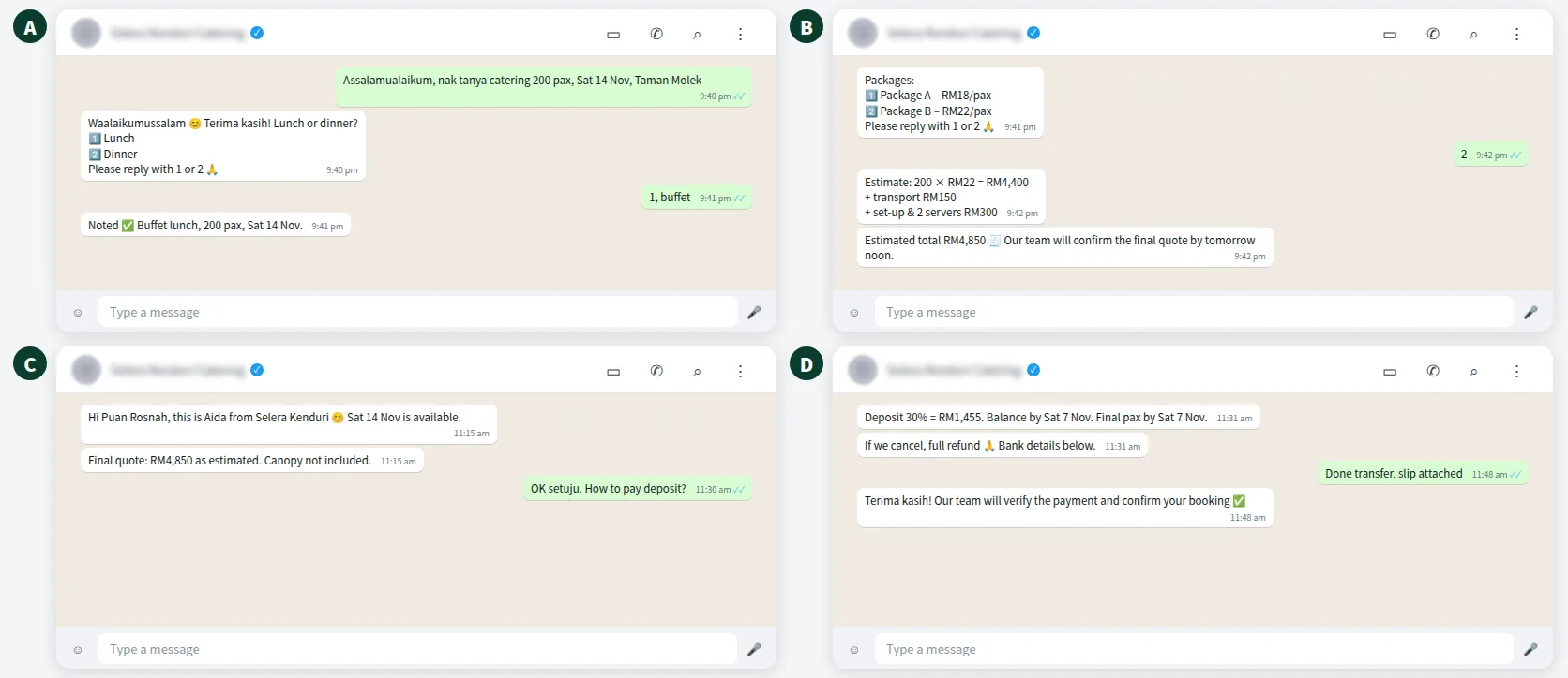 Example WhatsApp conversation with a catering estimate, staff-confirmed quote and deposit terms