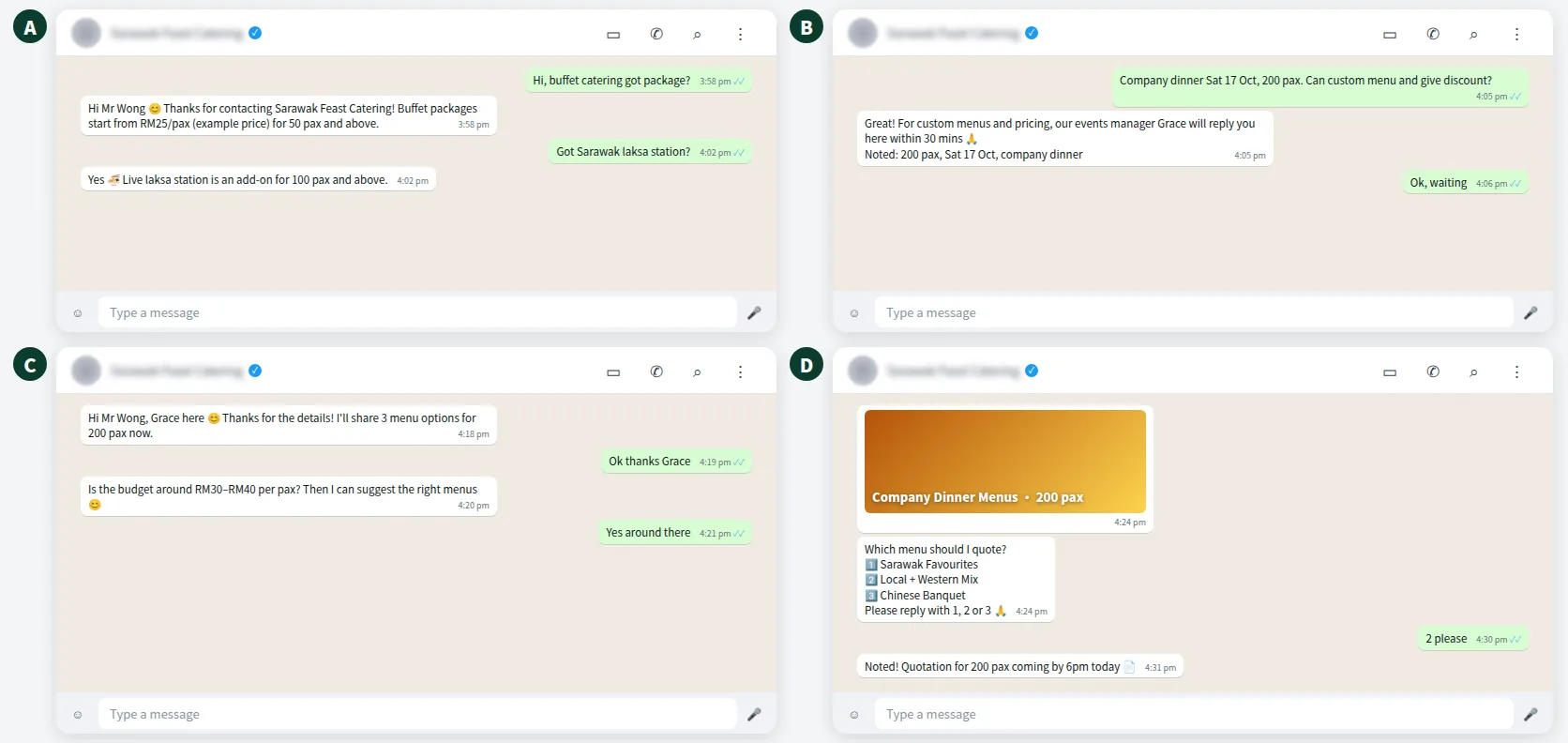 Example WhatsApp chat where a catering chatbot hands a large custom order to a human events manager
