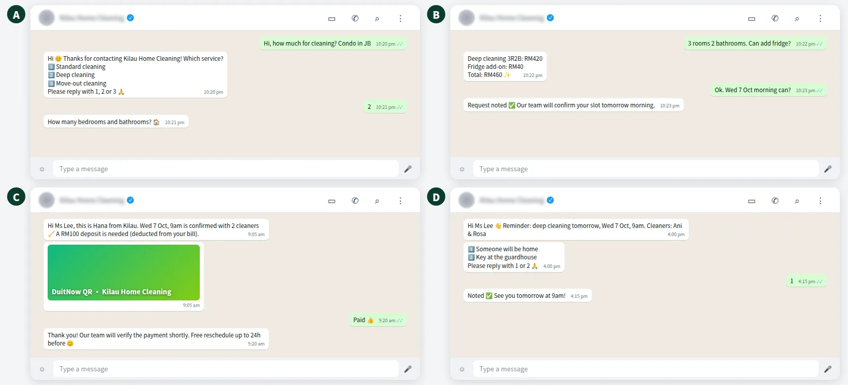 Example cleaning service WhatsApp booking chat with instant quote, deposit and reminder
