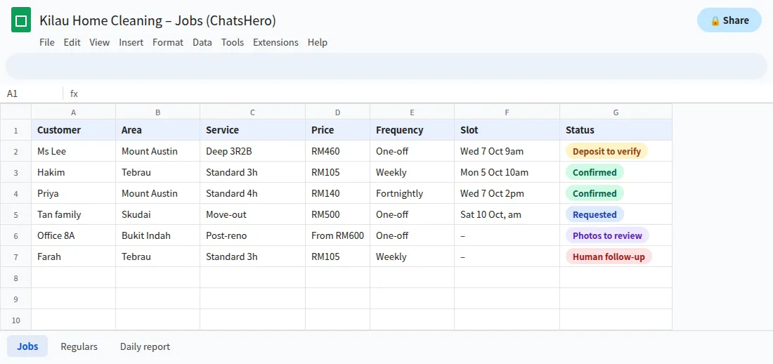Google Sheets schedule for cleaning service WhatsApp bookings with area, frequency and status