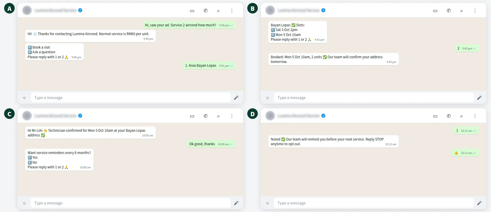Example WhatsApp chat from a Click-to-WhatsApp ad: instant reply, booking and follow-up inside 72 hours