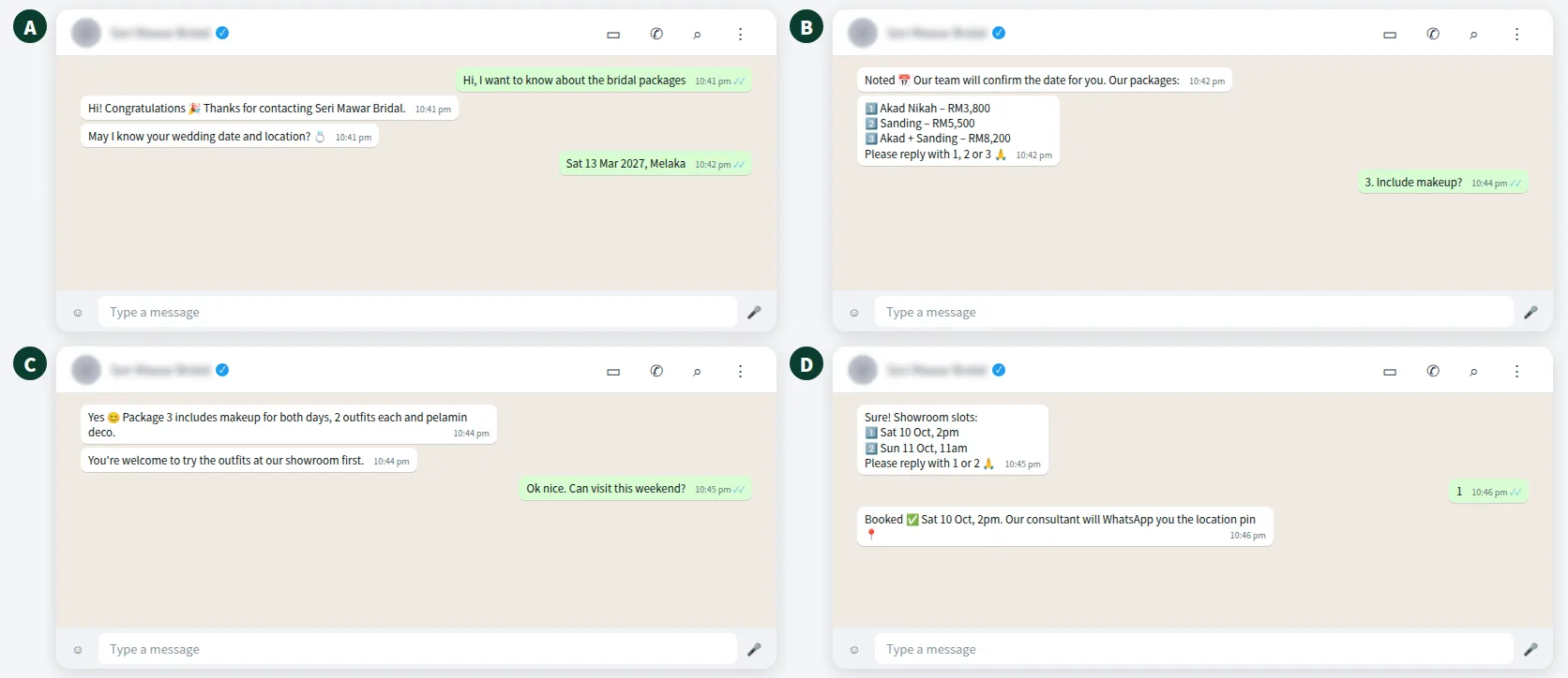 Example WhatsApp chat from an Instagram Click-to-WhatsApp ad for a bridal studio in Melaka
