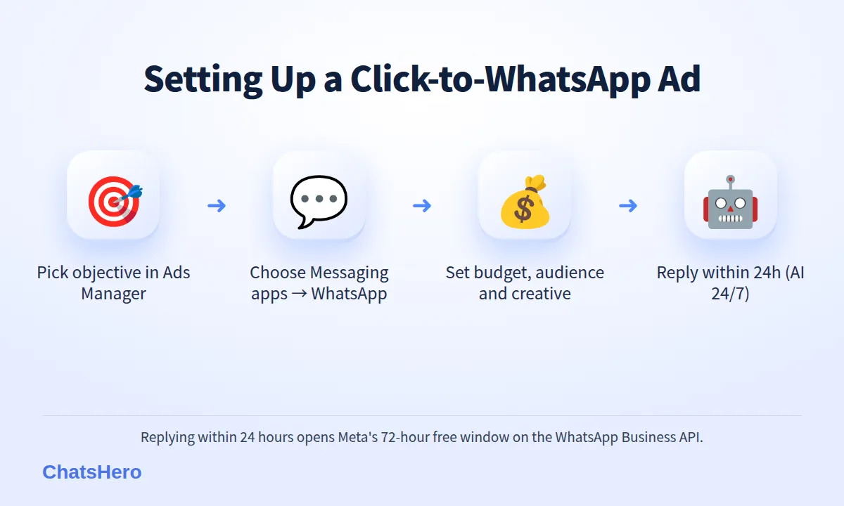 Four-step Click-to-WhatsApp ads setup flow in Meta Ads Manager for Malaysian SMEs