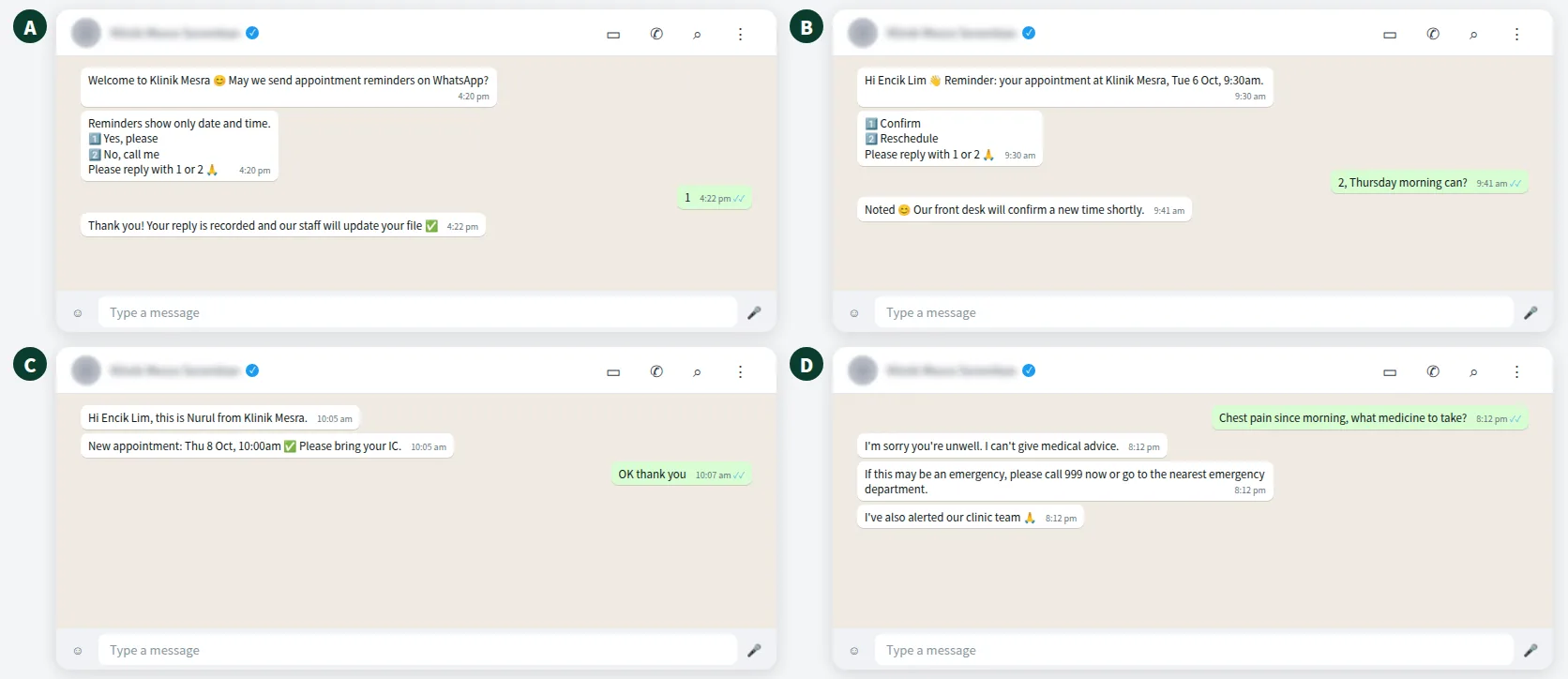 Example WhatsApp conversation for a clinic: consent, minimal reminder, reschedule and emergency reply