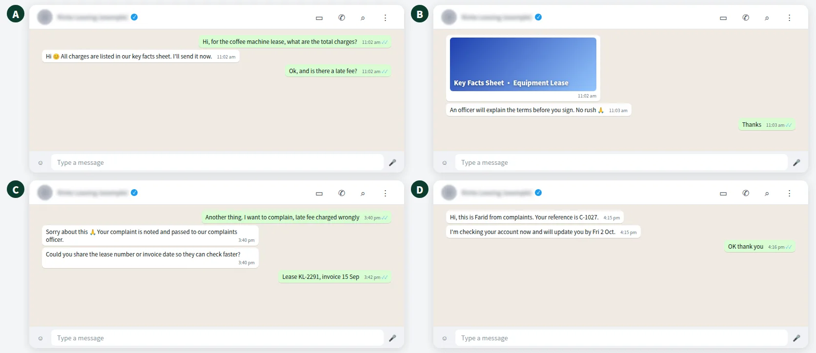 Example WhatsApp conversation where a leasing company shares its key facts sheet and routes a complaint to a human officer