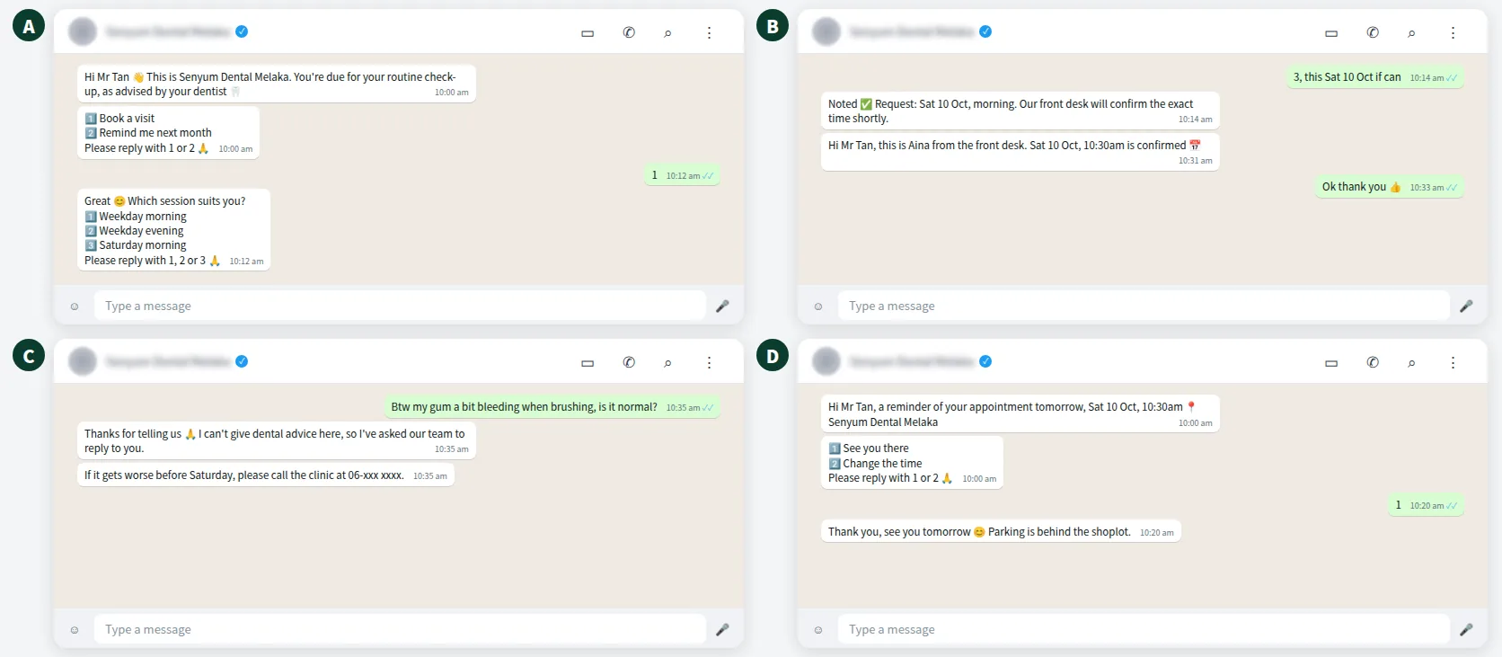 Example WhatsApp dental recall reminder conversation with booking request and staff confirmation