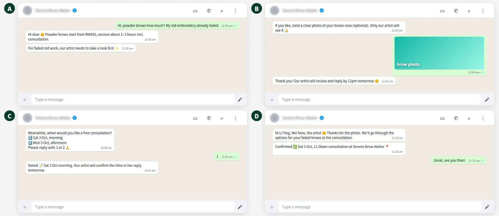 Example WhatsApp conversation for an eyebrow embroidery enquiry and consultation booking
