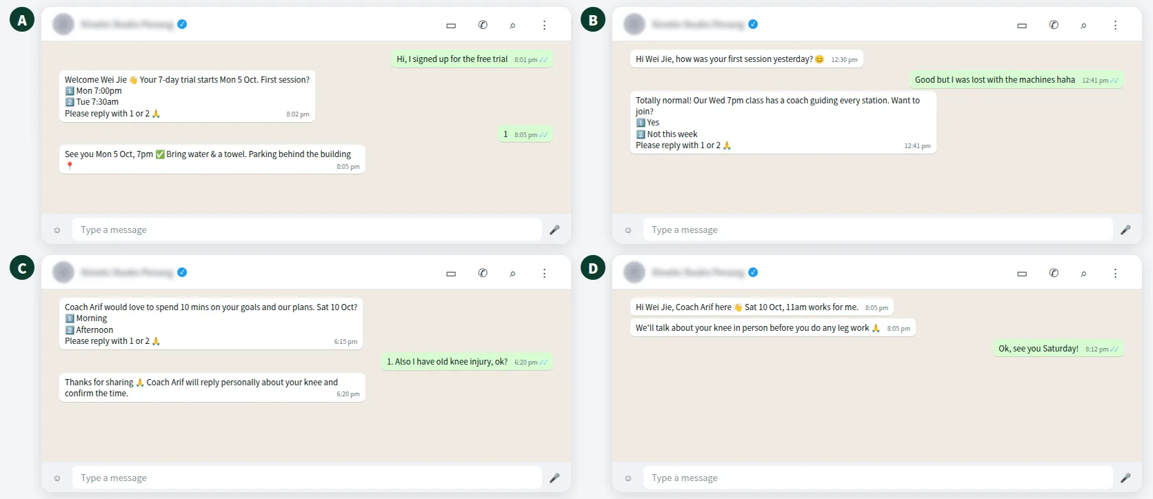 Example WhatsApp gym free trial follow up with booking, check-in and coach handover