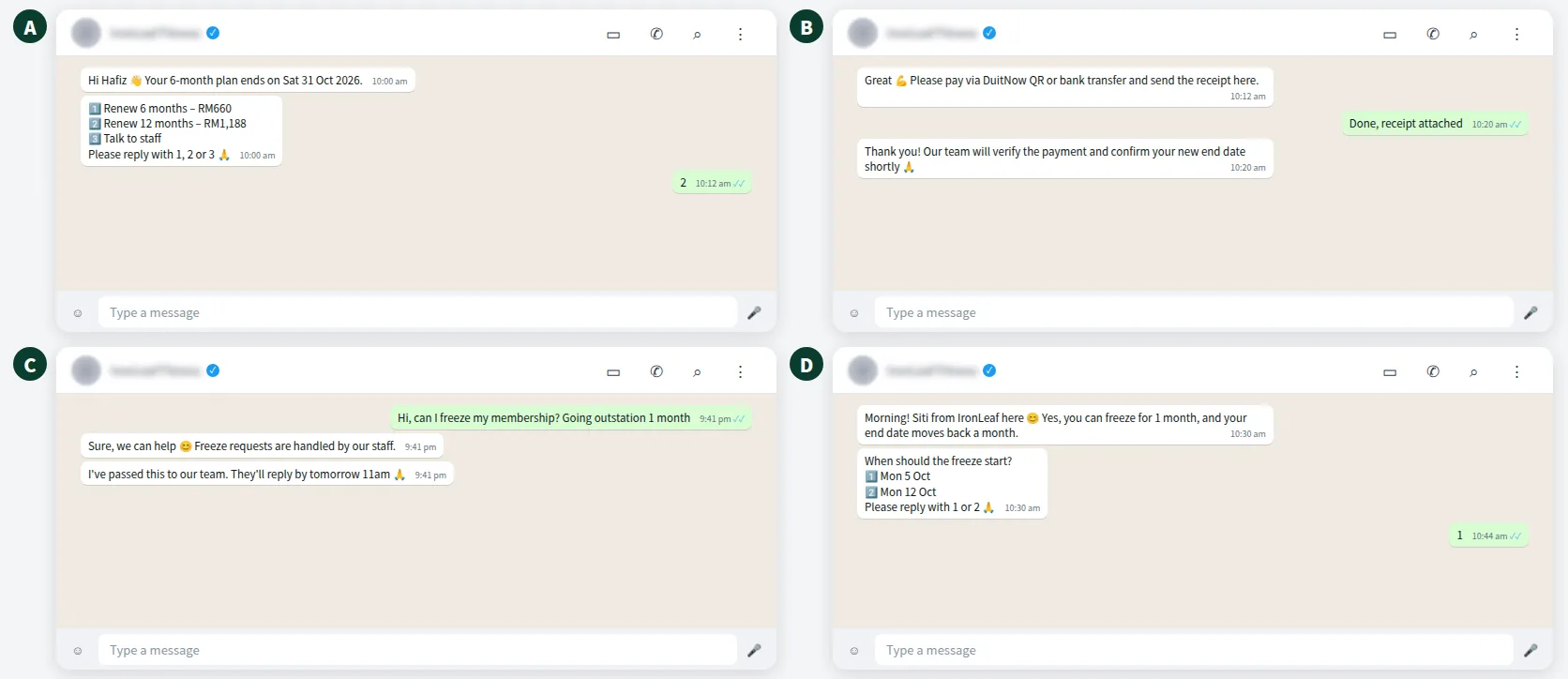 Example WhatsApp gym renewal reminder with plan options and freeze request