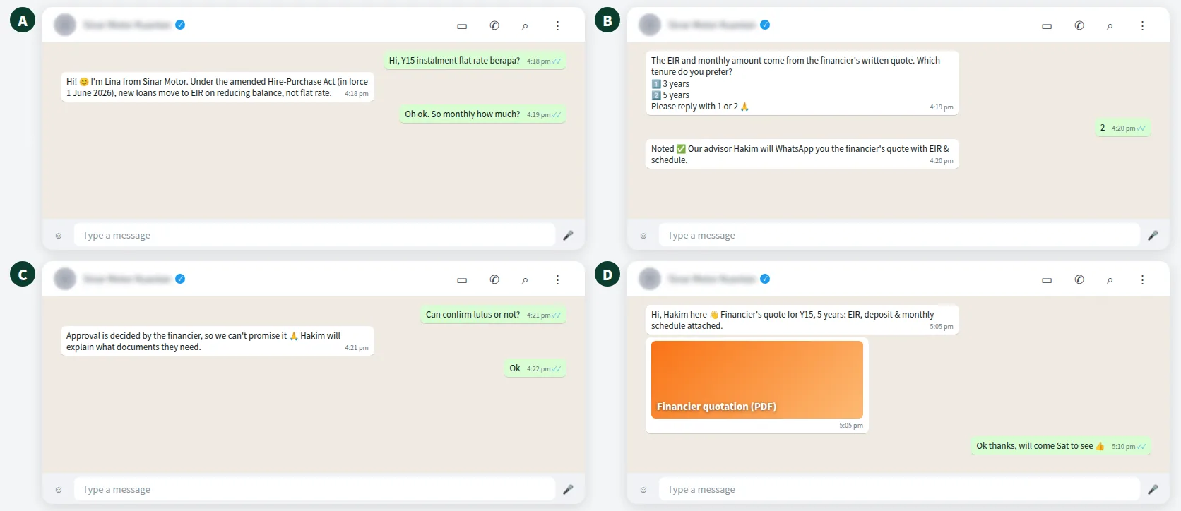 Example WhatsApp chat where a motorcycle shop AI explains EIR instead of flat rate and hands the customer to an advisor