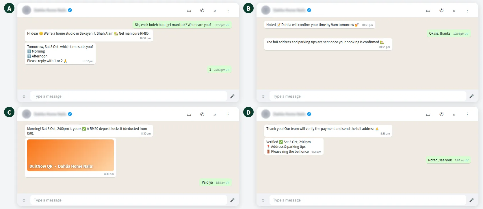 Example WhatsApp booking conversation for a home based beauty business chatbot