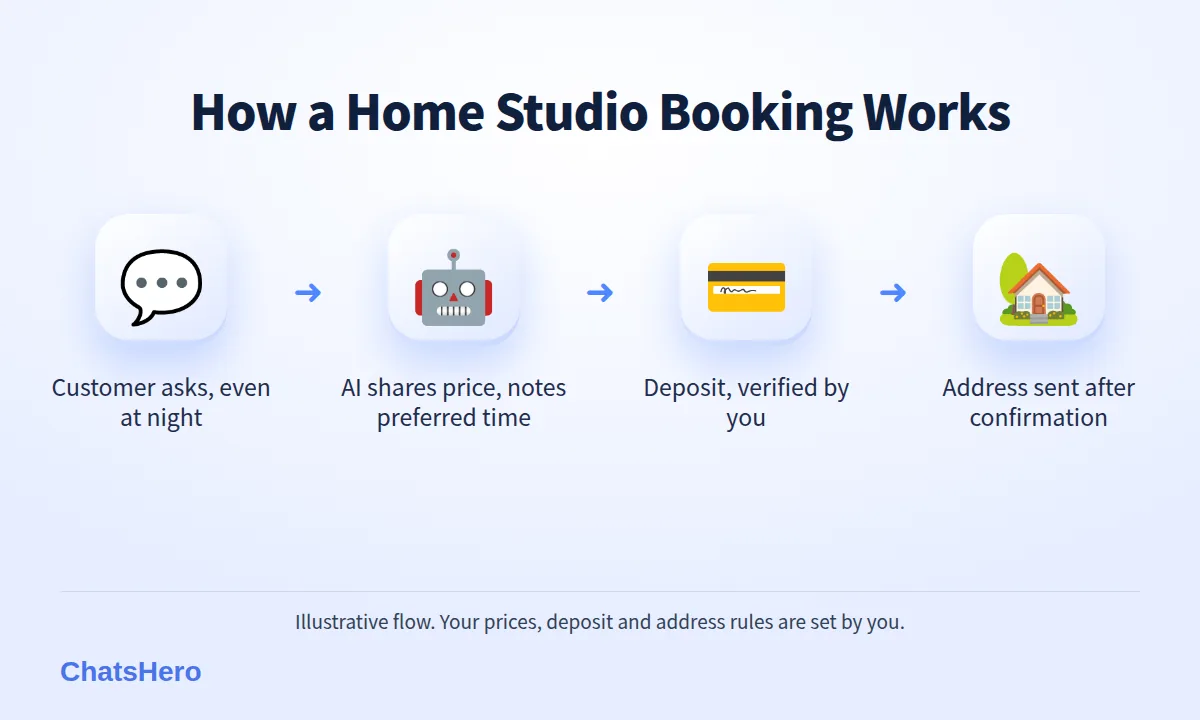 Four-step WhatsApp booking flow for a home-based beauty business with address shared after confirmation