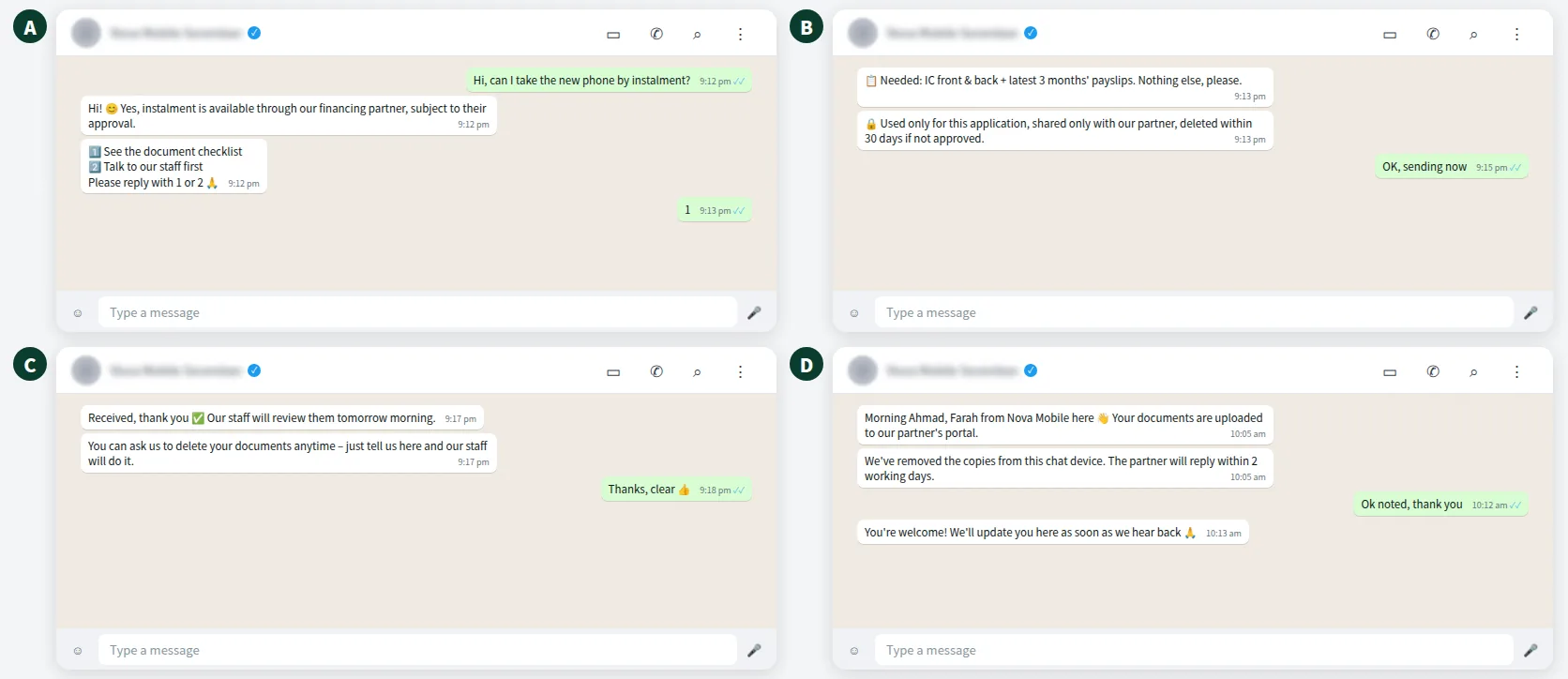 Example WhatsApp chat where a phone shop explains why it needs IC and payslip photos before collecting them