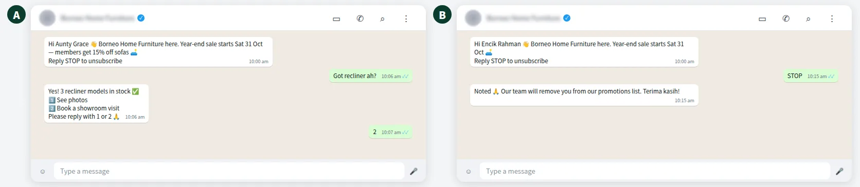 Example compliant WhatsApp broadcast from a furniture shop with a STOP option and polite unsubscribe