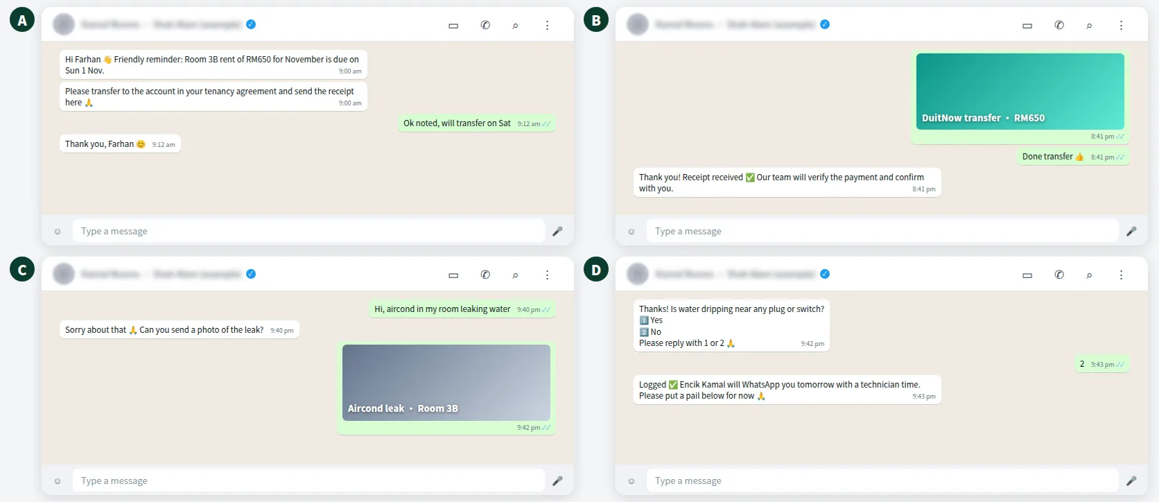 Example landlord tenant WhatsApp chat with a rent reminder, receipt and aircond repair report