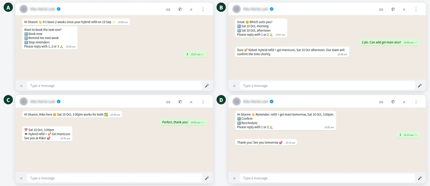 Example WhatsApp lash refill reminder conversation with slot booking