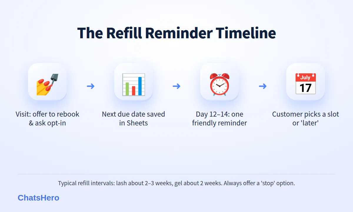 Four-step lash and gel refill reminder timeline on WhatsApp