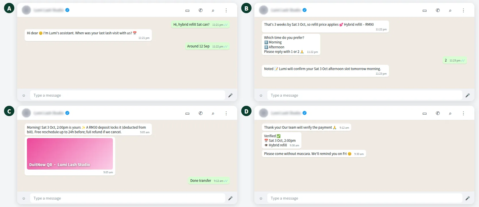 Example WhatsApp lash extension booking conversation with refill check and deposit