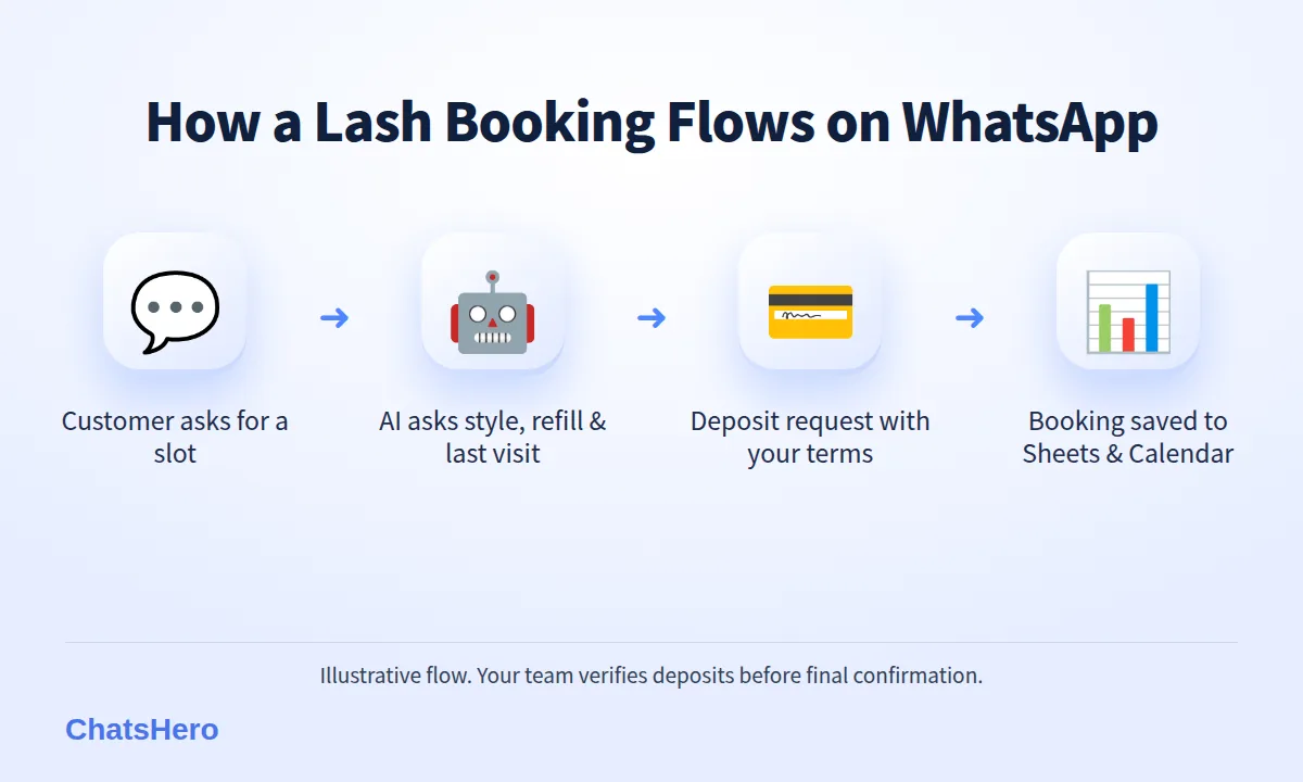 Four-step WhatsApp lash booking flow: enquiry, intake questions, deposit, confirmation in Google Sheets