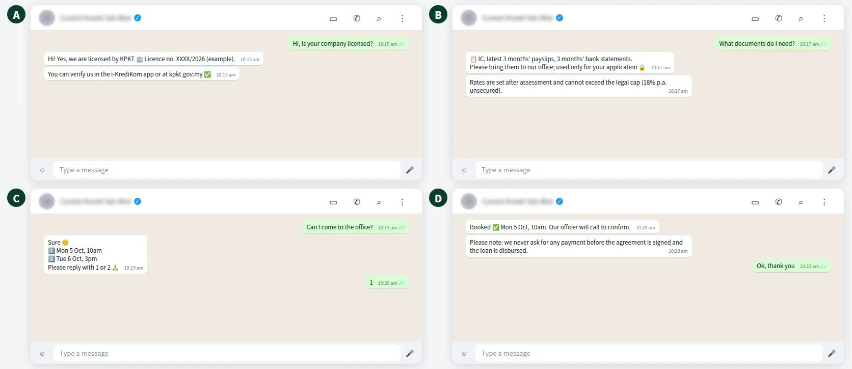 Example WhatsApp enquiry chat where a licensed money lender shares licence details and a document checklist