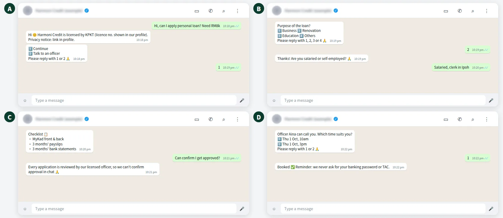 Example WhatsApp loan enquiry screening conversation with privacy notice, questions and document checklist