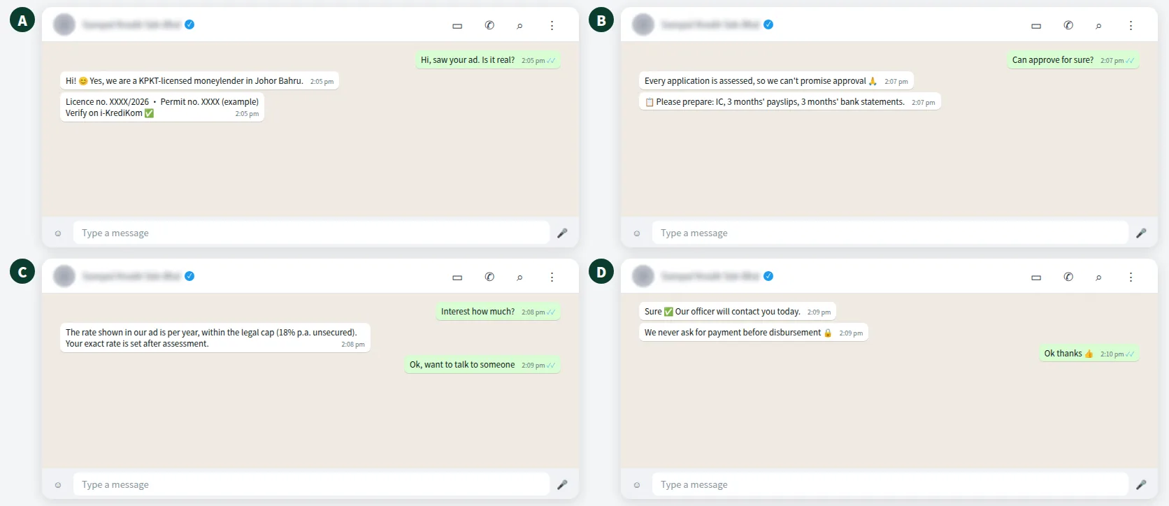 Example WhatsApp enquiry chat after a moneylender advertisement, showing licence details and verification