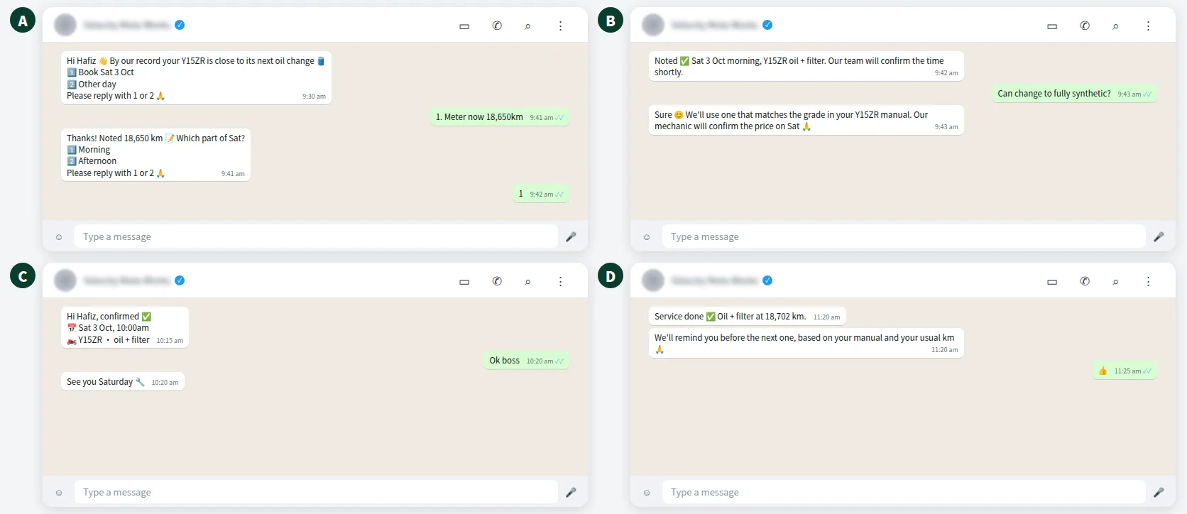 Example WhatsApp chat of a motorcycle service reminder with booking and oil question