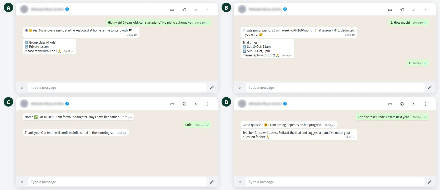 Example WhatsApp conversation for a music school enquiry, trial lesson booking and grade exam question