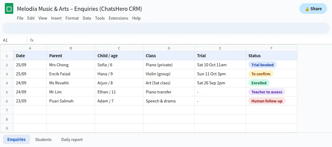 Google Sheets list of music school WhatsApp enquiries and trial lessons