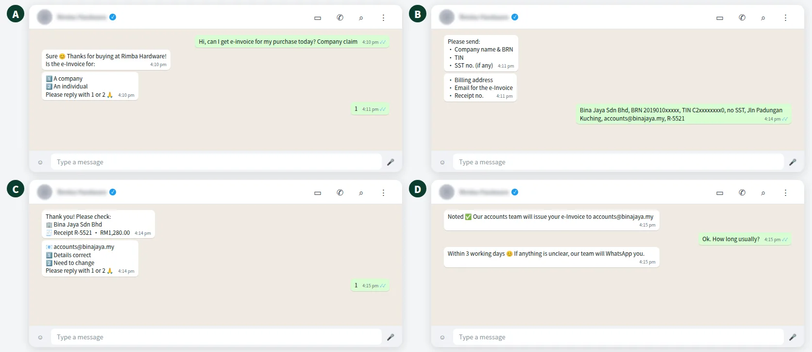 Illustrative WhatsApp conversation where a hardware shop collects buyer details for an e-Invoice request