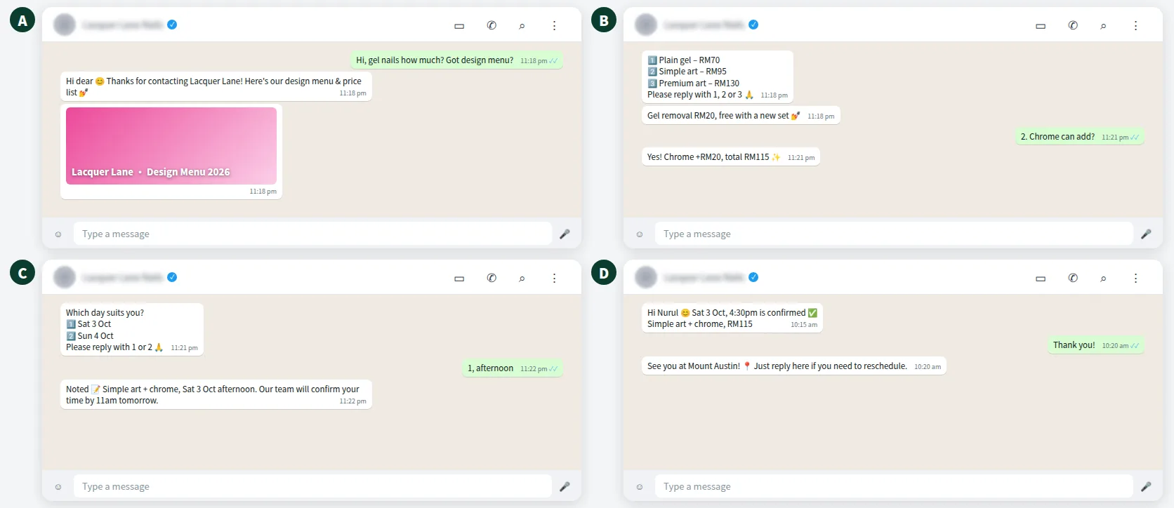 Example WhatsApp chat where an AI sends a nail design menu image and takes a booking request