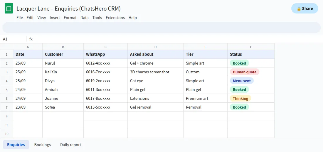 Google Sheet logging nail design enquiries, menu sent and bookings from WhatsApp